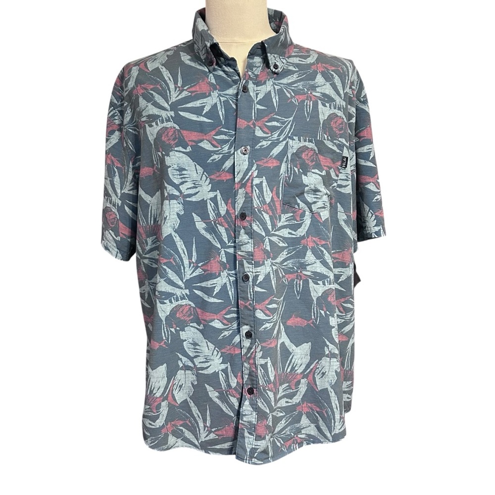 HUK Mens Shirt XXL Tropical Button Down Performance Blue UPF Gorp AOP Beach